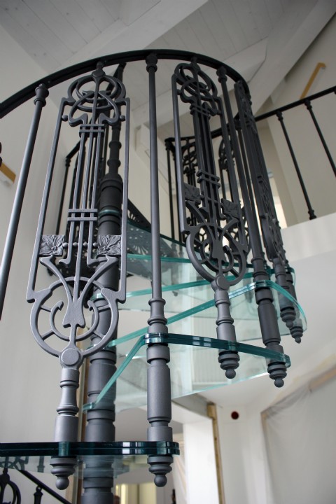 New cast iron and glass staircase. Gallery area