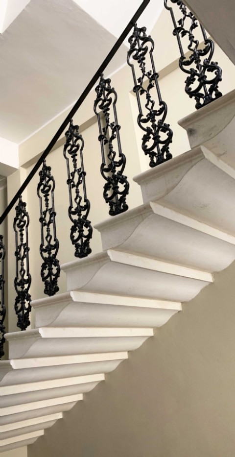 BLACK CAST IRON RAILINGS ON MARBLE STAIRCASE 